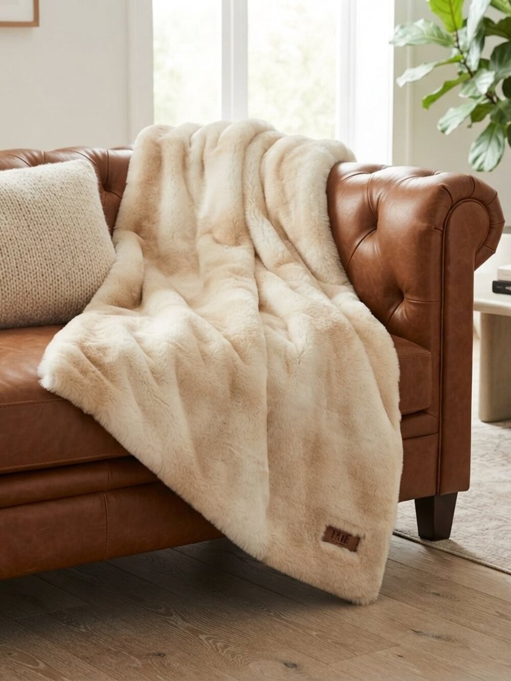 FRYE Faux Fur Throw Blanket Cream Beige Oversized Plush Soft Cozy 60x70